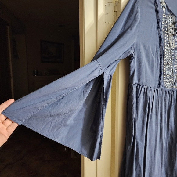 Knox Rose Blue Embroidered Boho Tunic Dress XL Bell Sleeve Peasant Mini - Picture 9 of 13